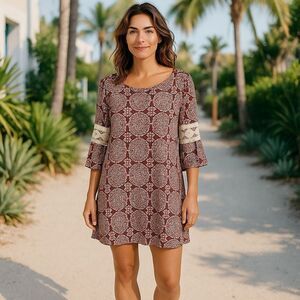 Luxology Red Cream Floral Mosaic 60’s Vibe Groovy Hippie Shift Dress Size 8